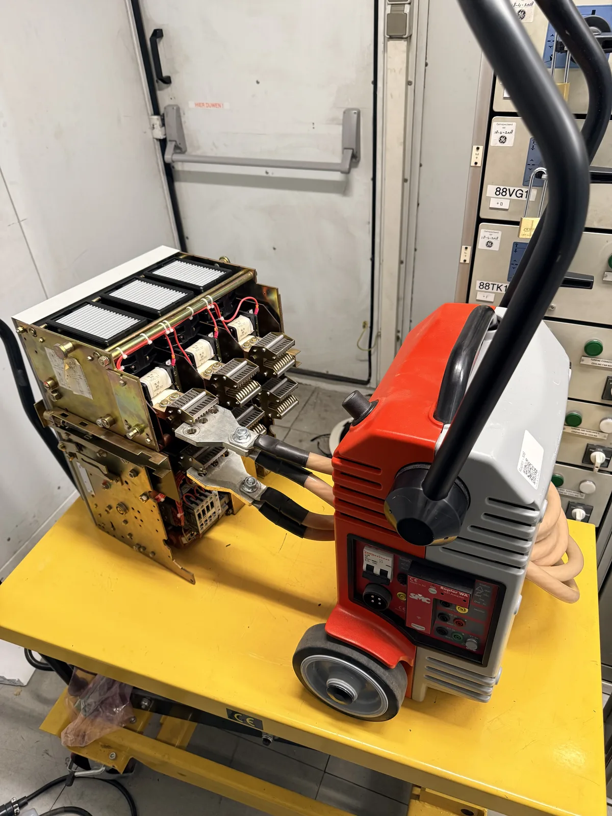Circuit breaker connected to test equipment for electrical testing